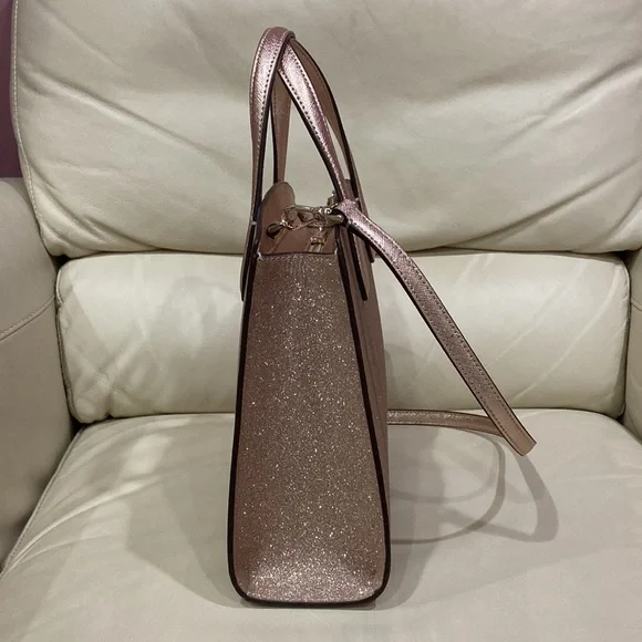 Kate Spade Rose Gold Tinsel Glitter Fabric Sparkle Satchel Purse Bag - Picture 9 of 15